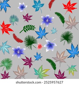 a collection of leaves and flowers placed randomly in various colors. The background is gray