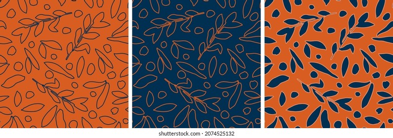 Collection of leaves seamless repeat pattern. Bundle of random placed, vector outline and silhouette botany branch elements all over surface print.