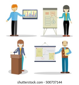 Collection of lectures character vectors. Flat design. Woman and man personages holding business seminar. Certification training in office. Illustration for educational companies, career courses ad.  