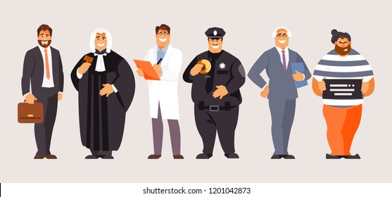 Collection of legal characters. Lawyer, forensic scientist, judge, prosecutor, police officer criminal Vector illustration