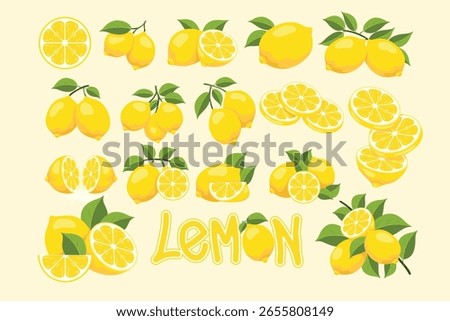 Collection of lemon illustrations featuring whole lemons, sliced lemons, lemons with leaves, and the word "LEMON" in a stylized font