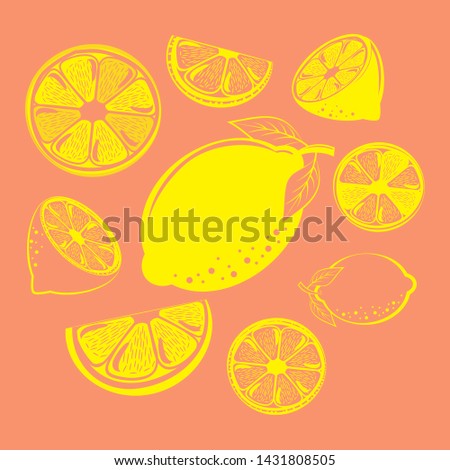 Collection of lemon and leaf  on orange background. Vector illustration.