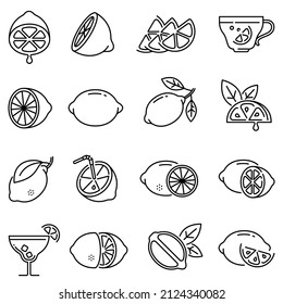 Collection lemon line art icon vector illustration. Set vitamin citrus fruit half, whole and slice with juice drops isolated. Fresh seasonal lime with tea, cocktail beverage decor, straw for drinking