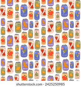 Colección de limonadas y cócteles en latas de aluminio. Bebidas frías sin costura con limón, cereza, melocotón y plátano. Ilustración de vector plano de dibujos animados.