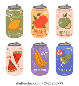 Collection of lemonades and cocktails in aluminum cans. Soda bottle fruit set. Cold drinks with lemon, cherry, peach and banana. Cartoon flat vector illustration.