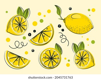 Collection of lemons. Slices, patterns. Pictures for printing on fabric, bedding. Minimalistic images, banner and poster for website. Cartoon flat vector illustration isolated on yellow background