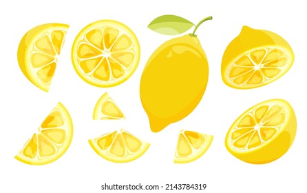 Colección de limones.Un conjunto de íconos de limón, rodajas, corte de limón por la mitad, círculos de limón.Ilustración vectorial de limones para carteles, postales, redes sociales, sitios web.