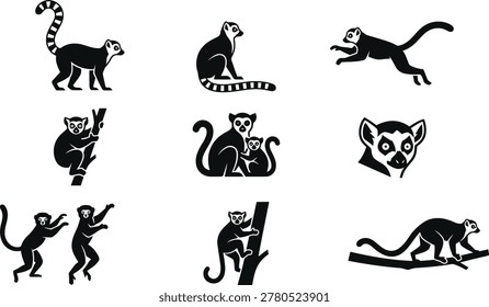 Collection of lemur silhouettes behaving