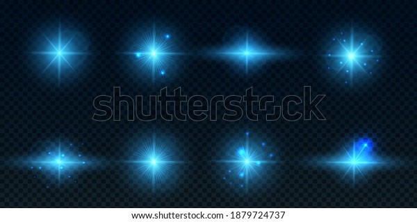 Collection of lens flares with\
blue lenses. A set of nine bright sparkling stars on a transparent\
background. Effects for Christmas and New Year. Vector\
illustration
