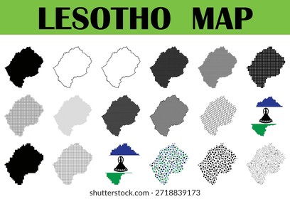 Coleção de ilustrações de mapa de Lesoto com vários estilos, incluindo representações sólidas pontilhadas e esboçadas mostrando a forma distinta e geografia do Lesoto