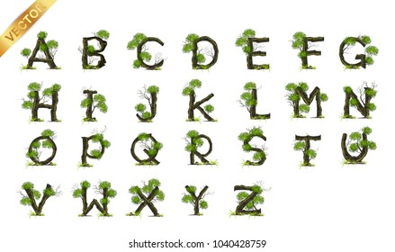 Collection  Letter A B C vector alphabet with tree . ABC concept type as logo.Eco concept.