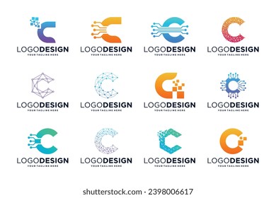 Collection of letter C logo design with digital connection concept