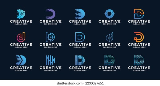 Collection of letter D, digital connection technology logo design.