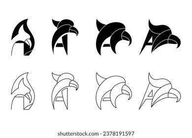 collection of letter A and eagle head logo concept. line, silhouette, simple and modern style. black and white. used for emblems, logos, icons, symbols, signs or prints. editable stroke