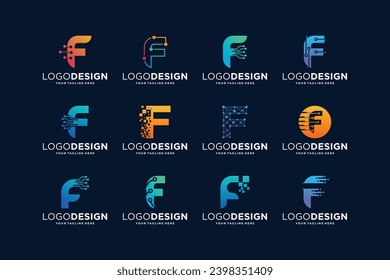 Collection of letter F logo design with digital connection concept