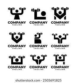 collection of letter forming a person lifting dumbbell or barbel for fitness center logo.