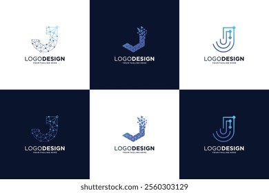 Collection Of Letter J logo design With Digital connection concept