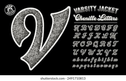 A collection of letter jacket style embroidered letters with silver thread effect and white border stitching