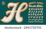 A collection of letter jacket style letters. A script alphabet with the effect of puffy chenille fabric patches.