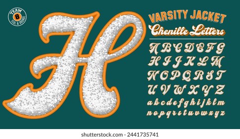 A collection of letter jacket style letters. A script alphabet with the effect of puffy chenille fabric patches.