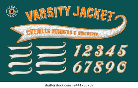 A collection of letter jacket style numbers and swooshes. A script font numeral set with the effect of puffy chenille fabric patches.