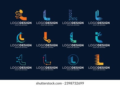 Collection of letter L logo design with digital connection concept