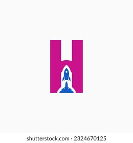 collection of letter logos combined with rockets in blue and purple on a gray background