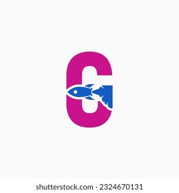 colección de logotipos de letras combinados con cohetes en azul y púrpura sobre un fondo gris