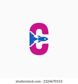 collection of letter logos combined with rockets in blue and purple on a gray background