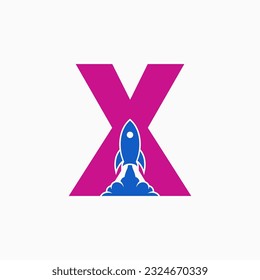 collection of letter logos combined with rockets in blue and purple on a gray background