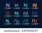 Collection of letter N logo design with digital connection concept