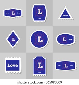 Collection of letter with ornament love for Valentine's Day postage stamp