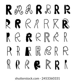 A collection of the letter R displayed in various hand drawn fonts and artistic styles, each unique in its design.
