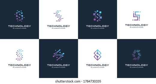 Collection of letter S abstract logo design symbol letter mark technology, dot, computer, data, internet. premium vector.