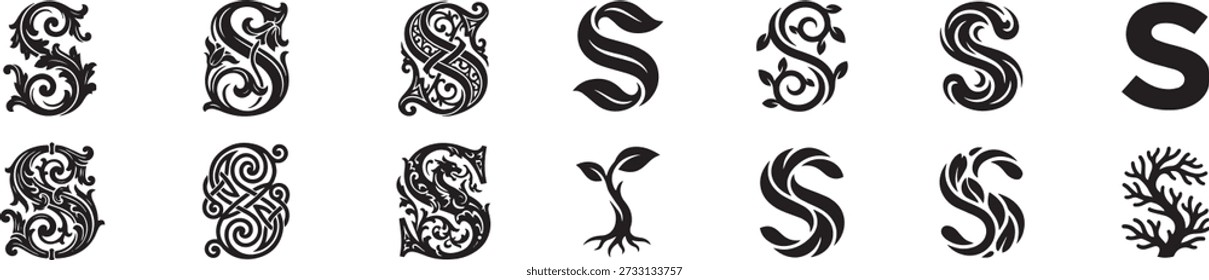 Collection of letter s initial logo with ornate style, flourishes and decorative elements for botanical, business, jewelry company, fashion, heraldic, boutique. Vector graphic.