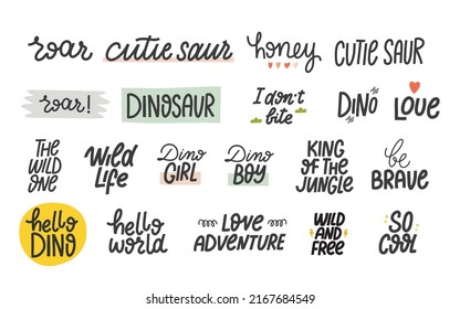 Colección de letras sobre dinosaurios. Afiche de dino dibujado a mano para guardería, sala para niños, sala de juegos. Cartas negras y lindos dichos sobre animales