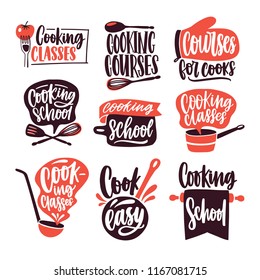 Collection of lettering written with cursive font and decorated with cookware, kitchen utensils isolated on white background. Bundle of cooking classes or school logos. Colored vector illustration.