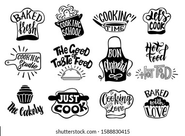 Collection of lettering written with cursive font and decorated with cookware, kitchen utensils isolated on white background. Bundle of cooking classes or school logos. Vector illustration.