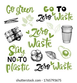 Collection of lettering zero waste and sketch drawing illustration on a white background. No plastic