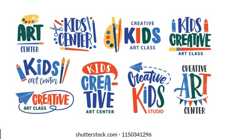 Collection of letterings handwritten with calligraphic fonts for logo of art class or creative studio for children. Set of inscriptions for kids' creativity center logotype. Vector illustration.