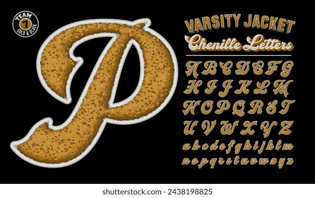 A collection of letterman jacket style letters, with a gold, white, and black color scheme. Varsity jacket patch lettering with a chenille fabric texture.