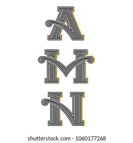 Collection letters A, M, N vintage monograms, set calligraphic design element for initials logo