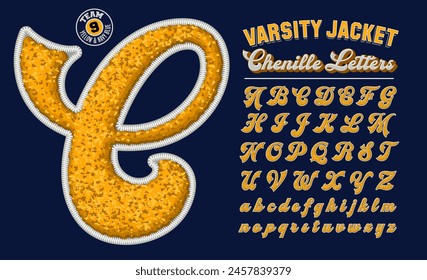 A collection of letters with the effect of letterman jacket embroidered patches in chenille fabric; 3d effect embroidery script alphabet.