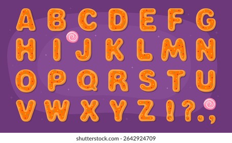 Collection of letters of the Latin alphabet in the form of gingerbread cookies. Gingerbread cookies for Halloween with orange icing, dark purple background. Elements for Halloween design.