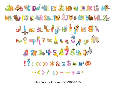 Collection of letters, numbers and punctuation marks with animals. Colorful alphabet for children.