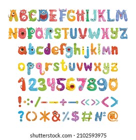 A collection of letters, numbers and punctuation marks in the form of funny cute monsters. Font with cartoon fantasy characters.