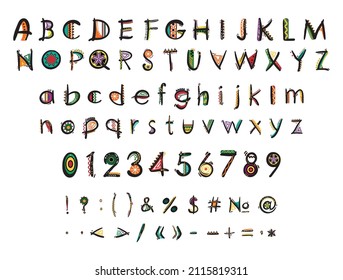 Collection of letters, numbers and punctuation marks with African ornaments. African ethnic font.