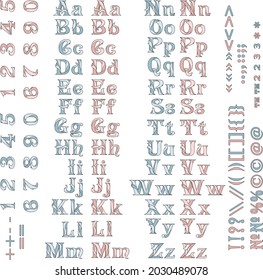 Collection of letters, signs and symbols. Vector. Alphabet. Numbers. Punctuation marks. Spelling. Check. Font. Children's. For boys and girls. Holiday. Unusual letters. Set.