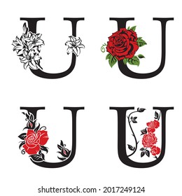 collection of letters U with flowers bouquet isolated on white background