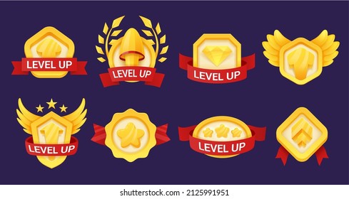 Collection level up golden icon isometric vector illustration. Set of medal label achievement design for app, user interface, game development. Ranking success rating with gems, arrow, stars